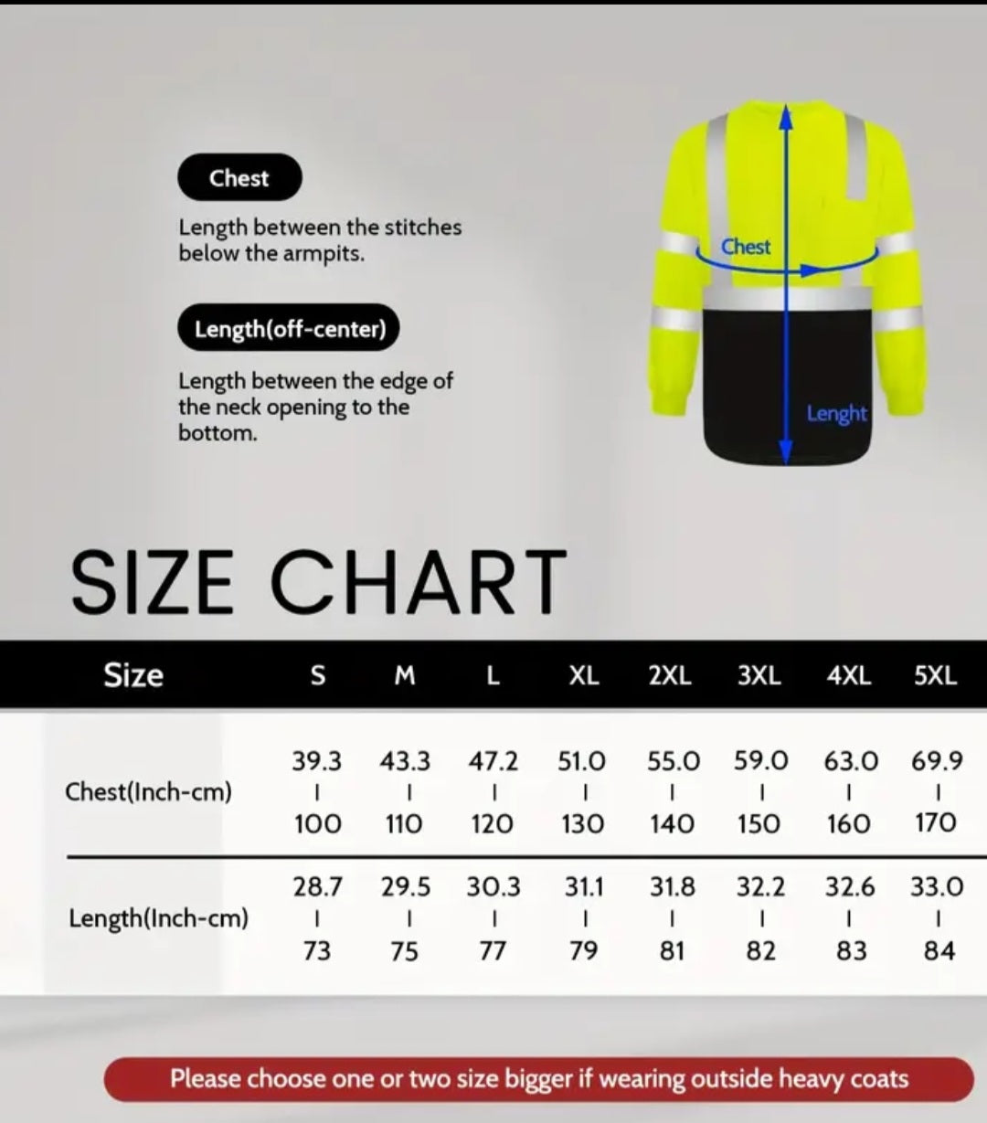 1 pc High Visibility Safety Shirts for Men & Women - Reflective, Breathable Long Sleeve Work Tops with Black Accents, Durable Polyester, Construction Class 3