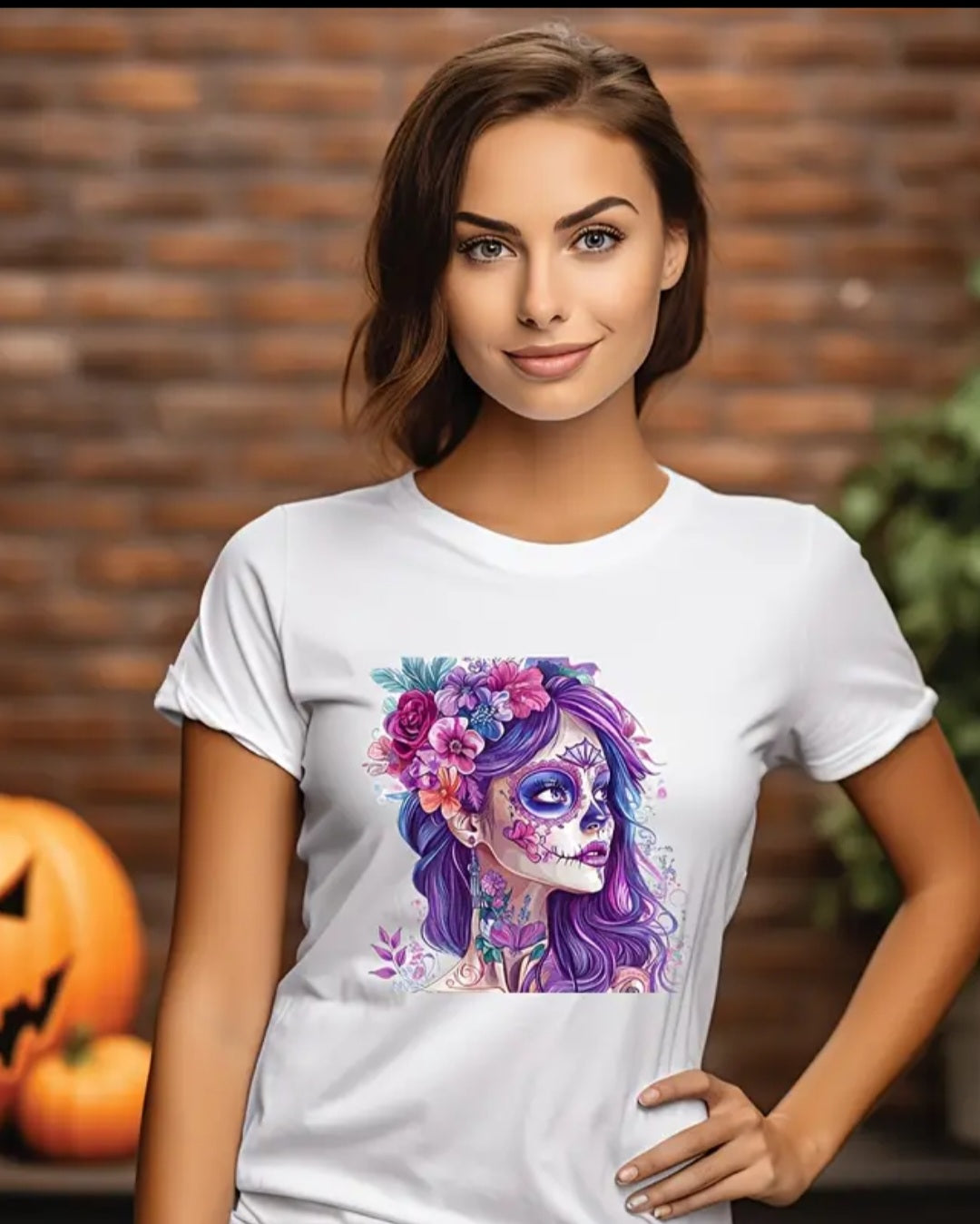 1 Mexican Day Of The Dead Purple Rose Long Hair Girl Iron-On Transfer Sticker - Unisex DIY Heat Press Sticker For T-shirts.