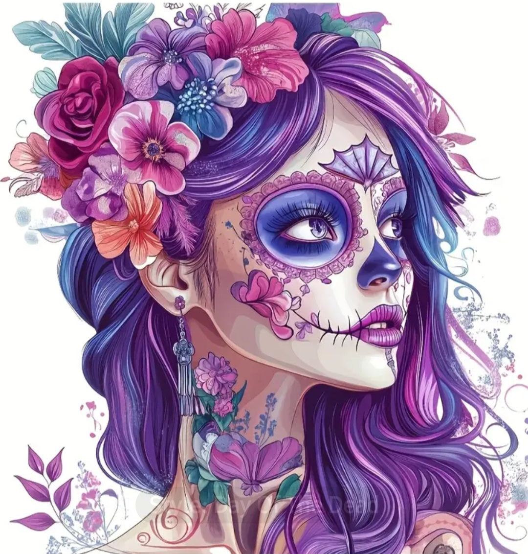 1 Mexican Day Of The Dead Purple Rose Long Hair Girl Iron-On Transfer Sticker - Unisex DIY Heat Press Sticker For T-shirts.