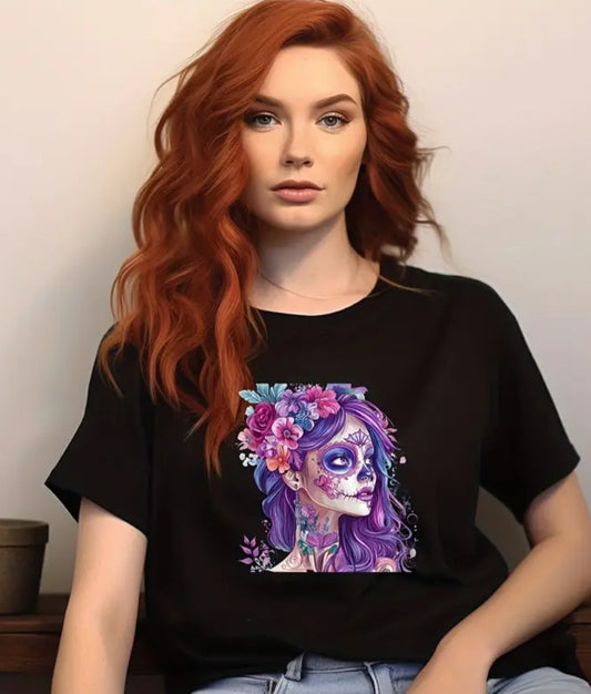 1 Mexican Day Of The Dead Purple Rose Long Hair Girl Iron-On Transfer Sticker - Unisex DIY Heat Press Sticker For T-shirts.