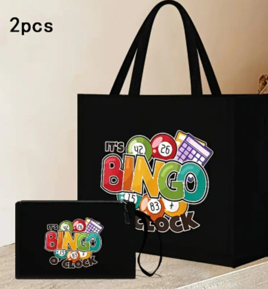2pcs/set Bingo Print Tote Bag with Makeup Pouch, Fashionable Linen Shoulder Bag for Women, Large Capacity, Versatile Student Class Tutoring Bag, Fashion Style